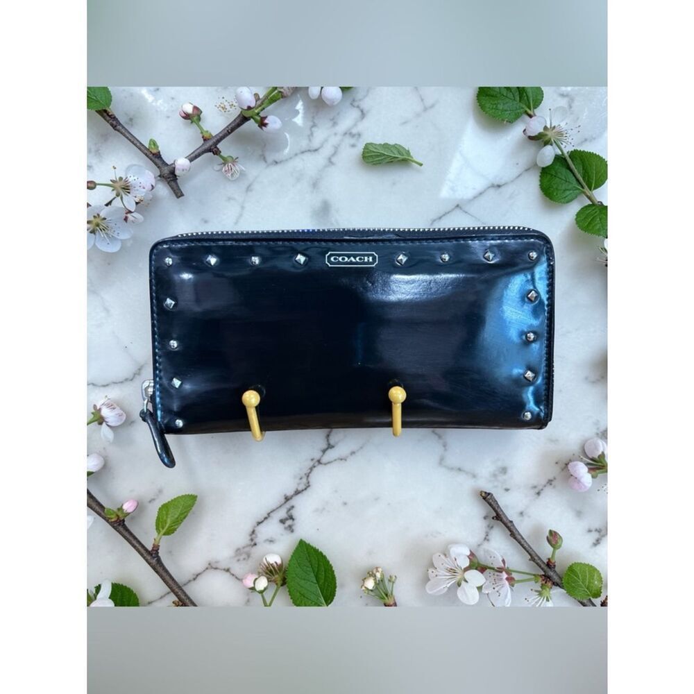 Coach Black Patent Leather Zip Wallet with Gold Stud Accents